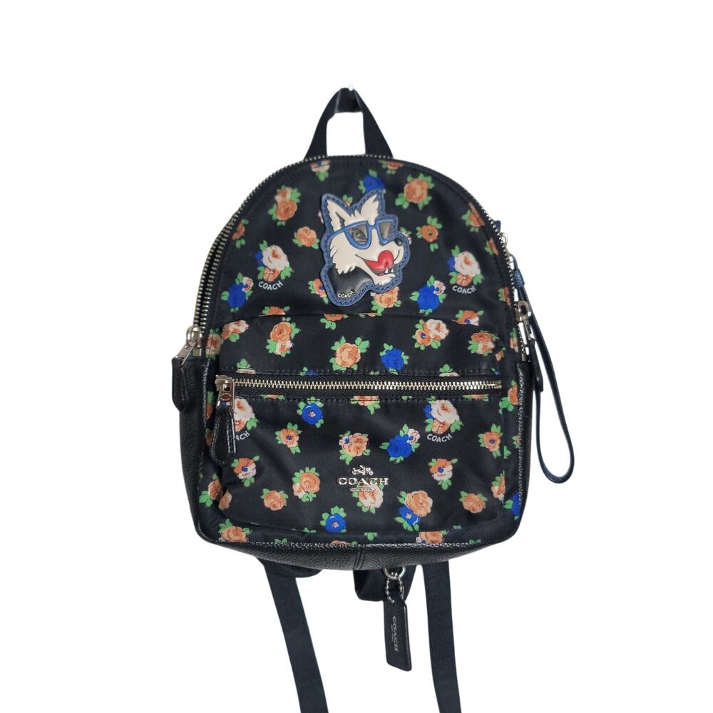 Coach Mini Charlie Tea Rose Floral Print Nylon Backpack with Dog Patch